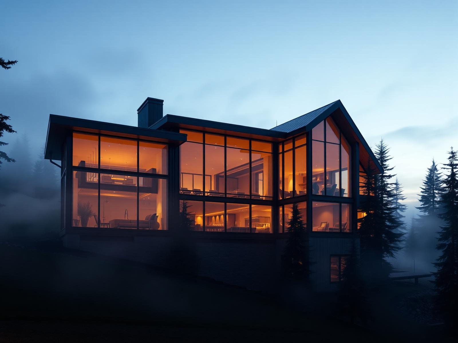 Modern Pacific Northwest home with expansive floor-to-ceiling glass at dusk